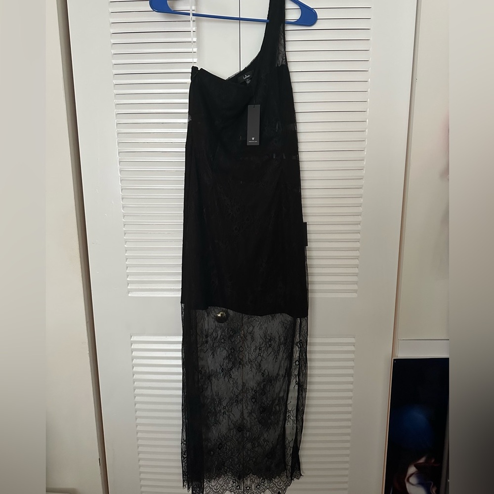 Sensational Flirt Black Sheer Lace One-Shoulder Maxi Dress